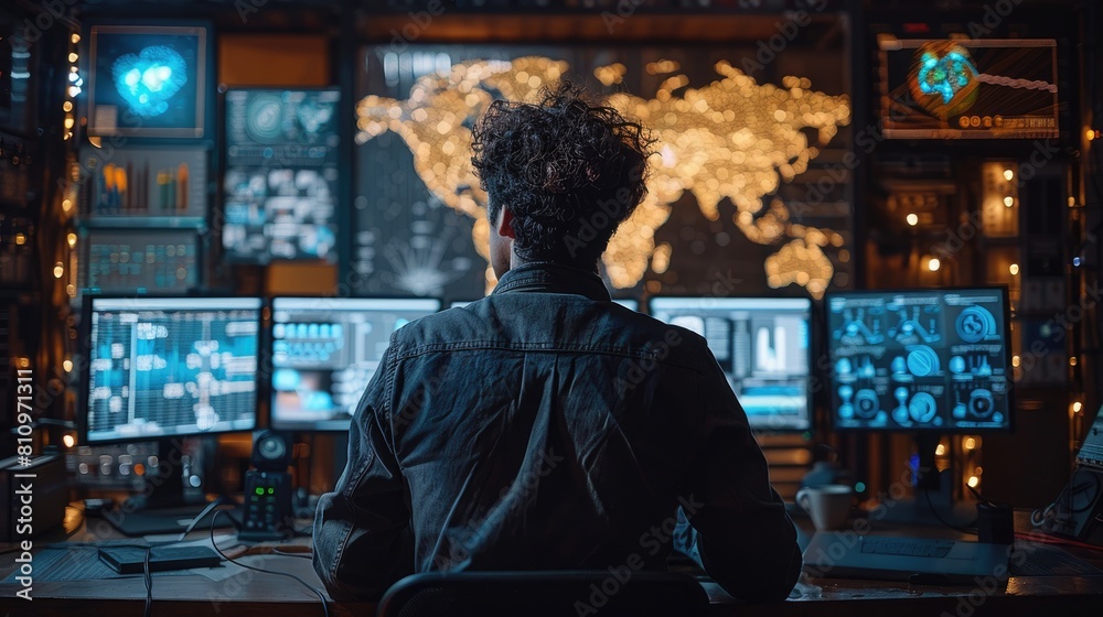 A man sits in a dark room in front of a large screen. He has curly hair and is wearing a blue shirt. He is looking at the screen, which is showing a map of the world. There are also other screens in t