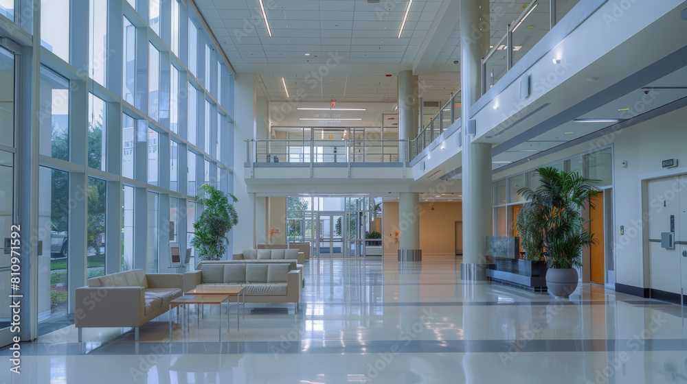 A serene and modern office lobby bathed in natural light A serene and modern office lobby bathed in natural light