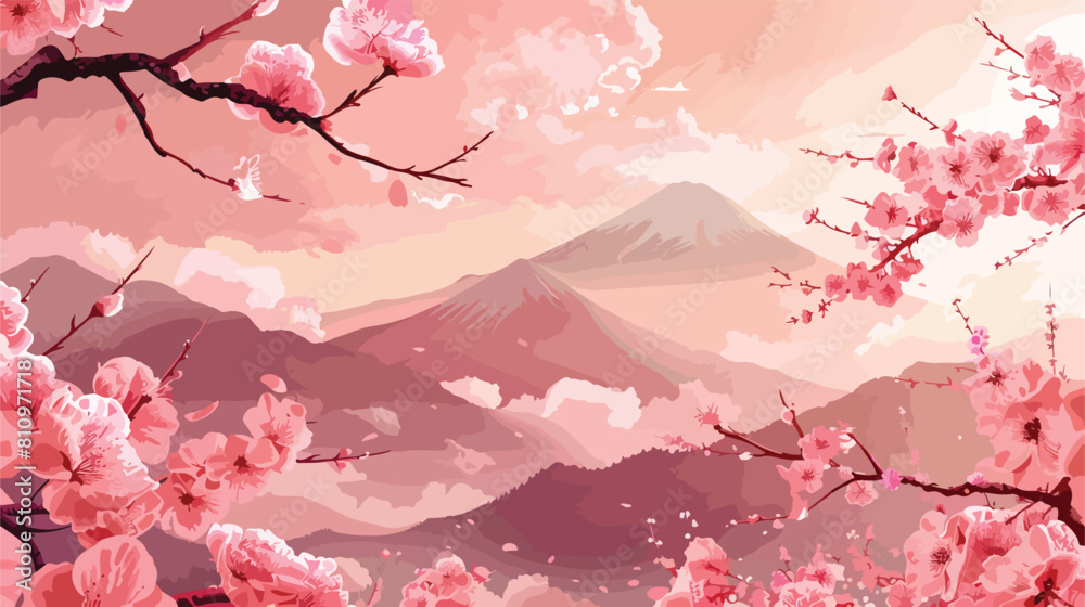 Pink floral branch With Fuji Mountain Background vector