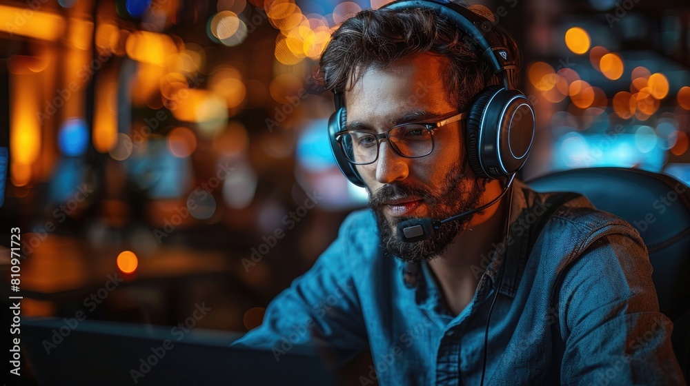 A man wearing headphones and glasses is sitting in a dark room looking at a computer screen. A man wearing headphones and glasses is sitting in a dark room looking at a computer screen.