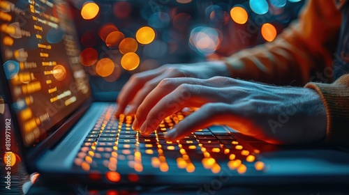 A person types on a laptop keyboard with orange backlighting against a blurred background of bokeh lights.