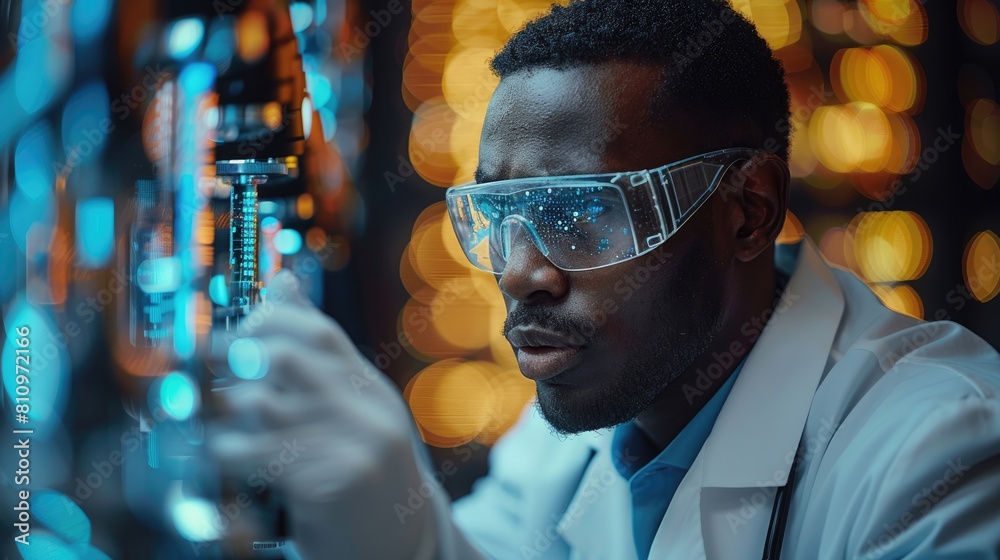 A young African-American scientist wearing a lab coat and safety glasses works in a modern laboratory. A young African-American scientist wearing a lab coat and safety glasses works in a modern laboratory.