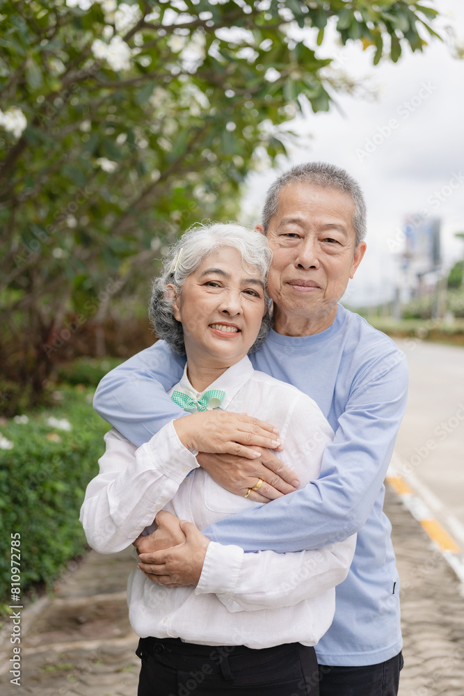 Happy Asian senior couple walking together on a tropical forest path Retired old man and woman having fun and enjoying outdoor travel activities. Vertical image Happy Asian senior couple walking together on a tropical forest path Retired old man and woman having fun and enjoying outdoor travel activities. Vertical image
