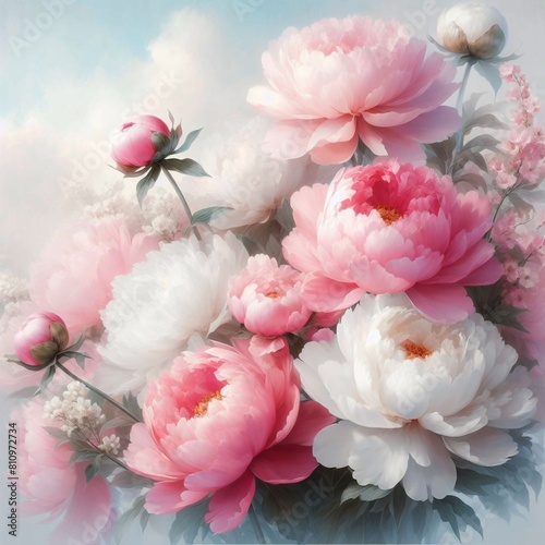 An arrangement of pink and white peonies