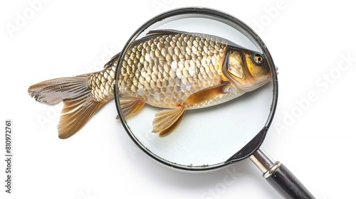 Scales of Crucian carp fish under magnifying glass isolated on white background. Generative Ai photo