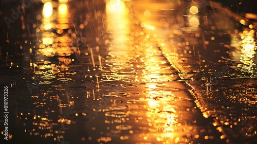 Raindrop Template Background - A template background featuring raindrops wetting the asphalt road with dynamic golden-yellow lighting. A nostalgic background of memories