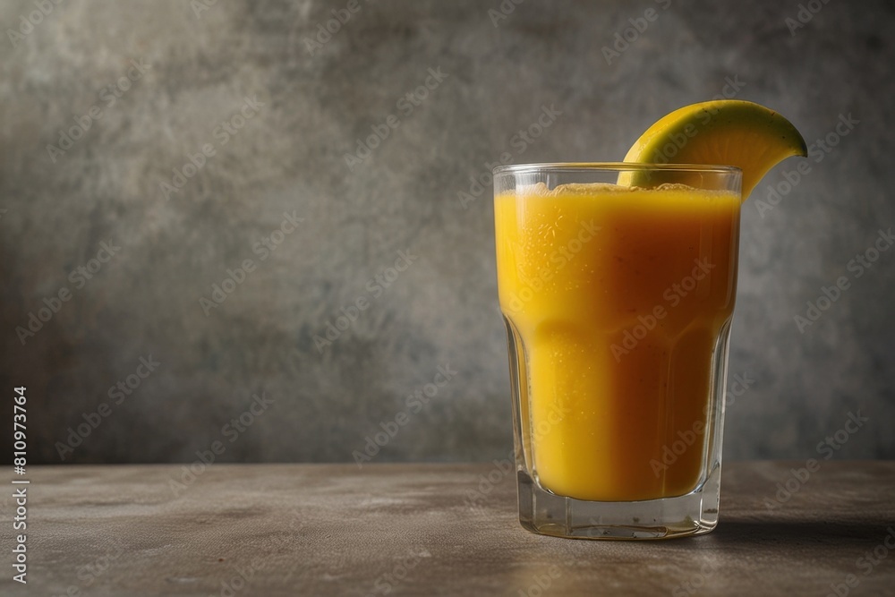 A refreshing mango smoothie in a clear glass, garnished with a slice of ripe mango on the rim. The striped red and white straw adds a touch of whimsy