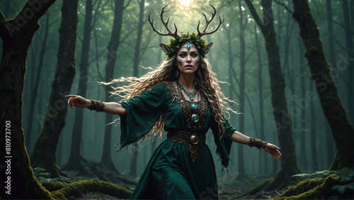Slavic forest deity dancing in a shady forest, animal goddess, beautiful lady, green dress and jewelry, shamanic folklore, high detail, fantasy illustration, no AI artifacts