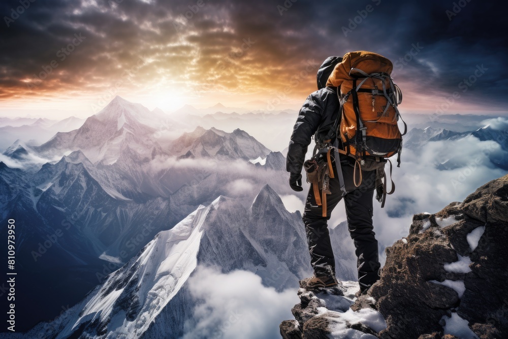 A mountain climber reaching the summit with his backpack - A thrilling achievement Fictional Character Created By Generative AI. 