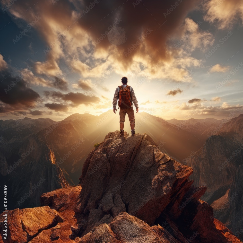A Man Standing on a Rocky Mountain Top Fictional Character Created By Generative AI. 