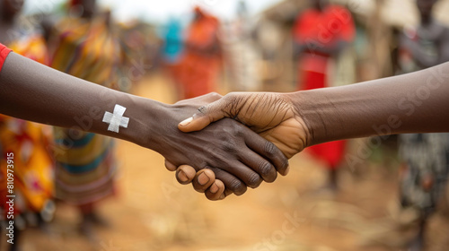 Solidarity handshake against a backdrop of an African community, embodying World Humanitarian Day's ethos, poster