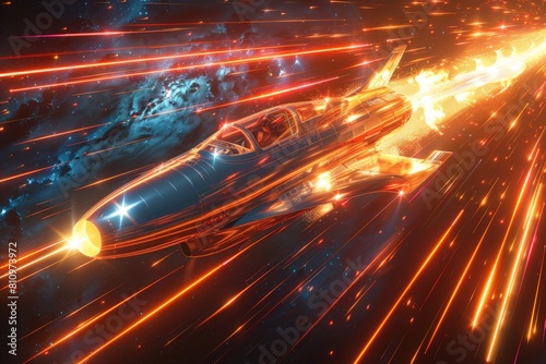 A stunningly detailed image of a spaceship traveling through space with light trails and stars