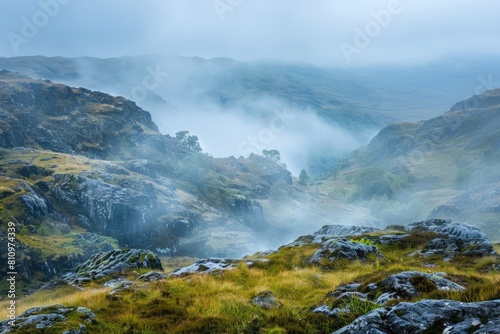 Foggy Mountain Landscape With Grass and Rocks