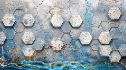 Abstract and artistic wall background featuring textured hexagons with blue ocean waves, tidewater stains, and gold marble veins. photo