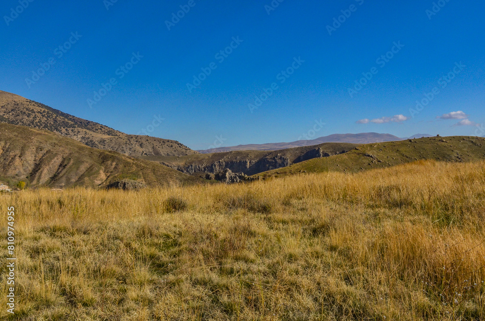 scenic view of Caucasus mountains in Kotayk province, Armenia from Bjni fortress ruins