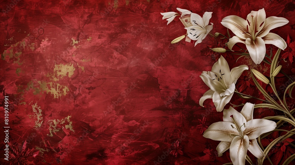 Velvet red botanical wall art featuring abstract white lilies and vintage textures.