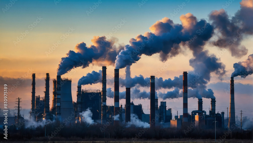 Industrial Pollution, Smoking Chimneys Against Blue Sky, Depicting Carbon Trading