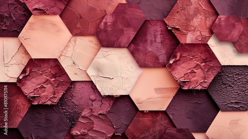 Textured wall mural in maroon and peach, with hexagons and diamonds creating an abstract palette effect.