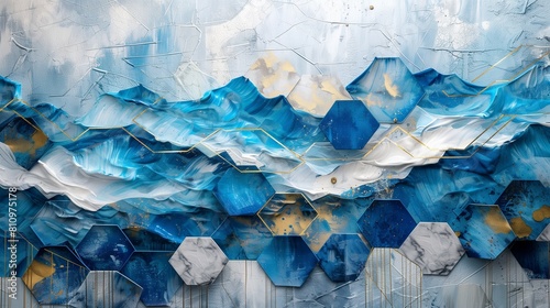 Sophisticated wall background with abstract blue ocean waves over textured hexagons, accented with gold and marble for a contemporary look.