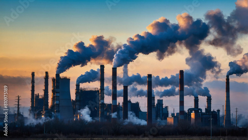 Industrial Pollution  Smoking Chimneys Against Blue Sky  Depicting Carbon Trading