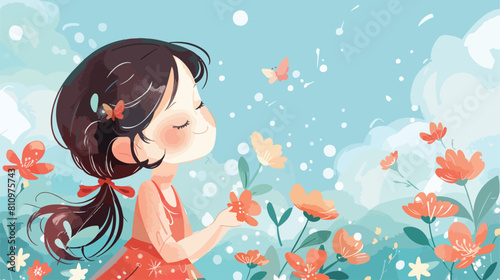 portrait of a Cute little girl giving flower Vector 
