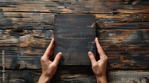 Hands holding a blank blackboard on wooden surface photo