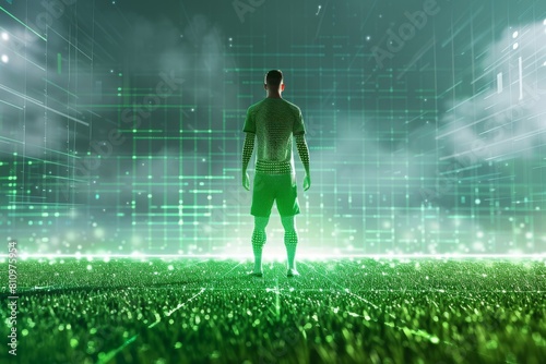 Man in digital grid field symbolizing traditional and futuristic sports © Photocreo Bednarek