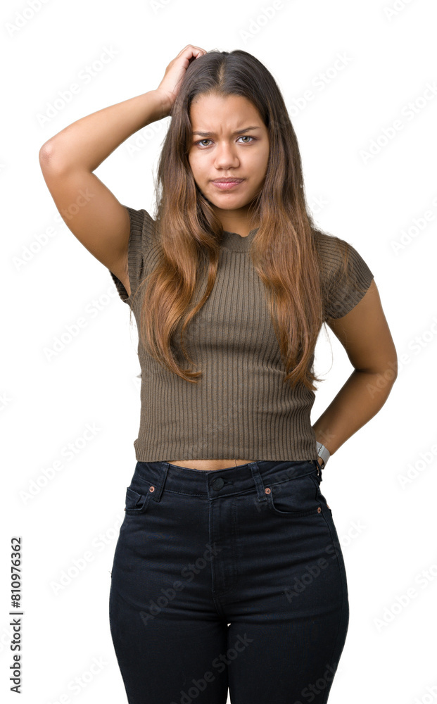 Young beautiful brunette woman over isolated background confuse and wonder about question. Uncertain with doubt, thinking with hand on head. Pensive concept. Young beautiful brunette woman over isolated background confuse and wonder about question. Uncertain with doubt, thinking with hand on head. Pensive concept.