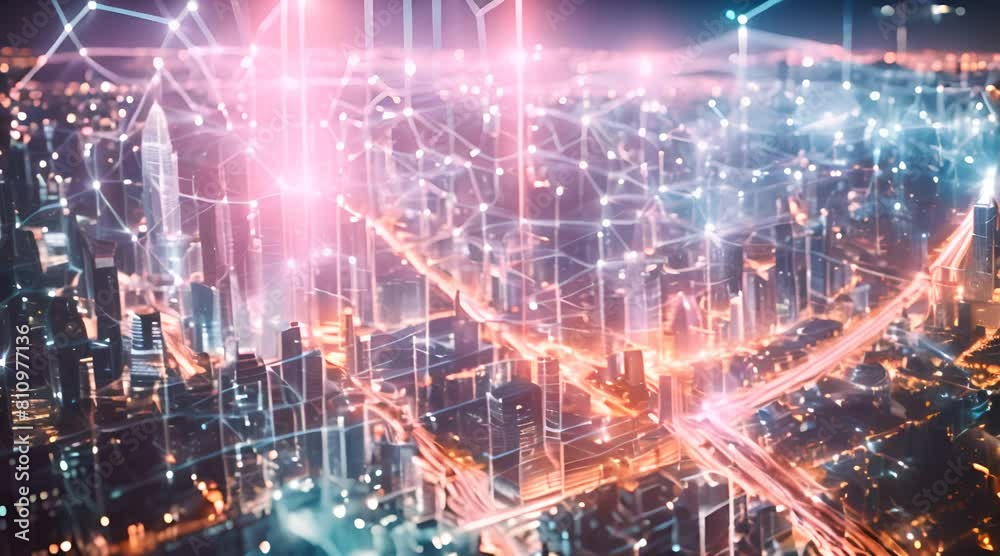 Futuristic Cityscape with Network Connections. Technological Advancement and Connectivity Concept in Hyperlapse. Futuristic Cityscape with Network Connections. Technological Advancement and Connectivity Concept in Hyperlapse.