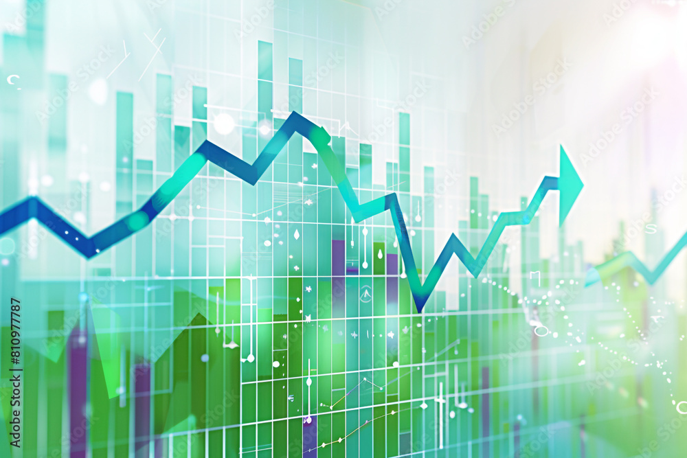 An abstract representation of financial growth, with graphs and rising arrows Background digital data visualization of financial markets Colors green and blue graphs on a white background