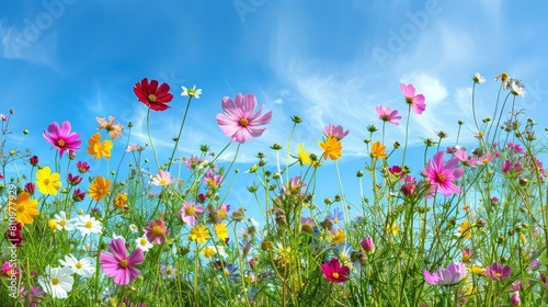 Colorful garden of wild flowers  Nature palette blurred background of sky and flowers
