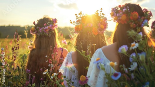 Women wearing flower wreaths on a sunlit meadow adorned with floral crowns that symbolize the vibrancy of summer solstice