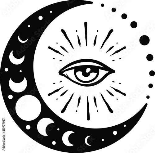Mystical moon phases isolated cliparts bundle, celestial magic boho moon collection, Phase of the Moon set, silhouettes of luna, esoteric objects - black and white vector
