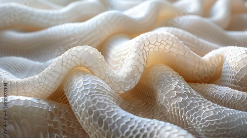Close-up of a soft, white fabric with a wavy pattern. The fabric is made of a lightweight material and has a delicate, almost ethereal appearance. photo
