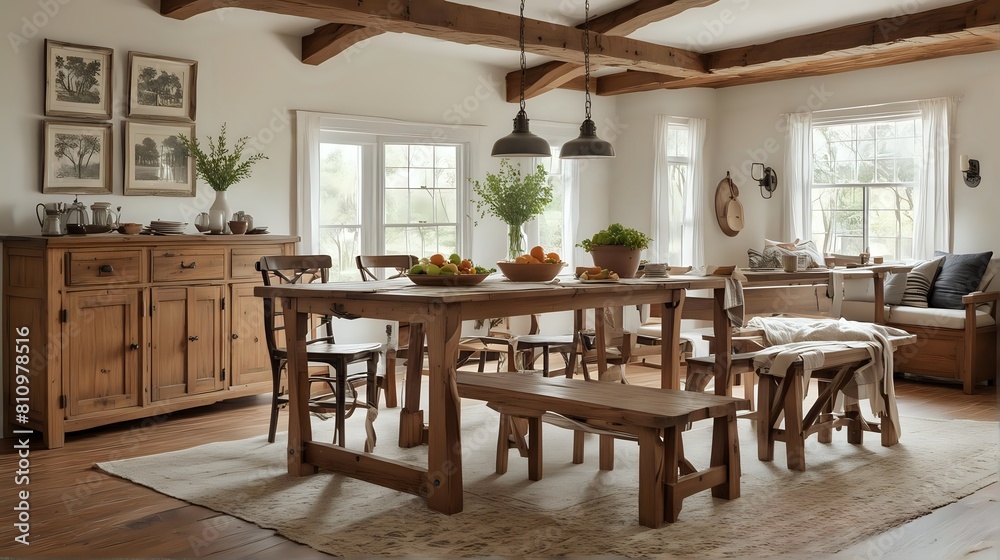 Farmhouse-style dining table with benches, exposed beams and big window. Side view