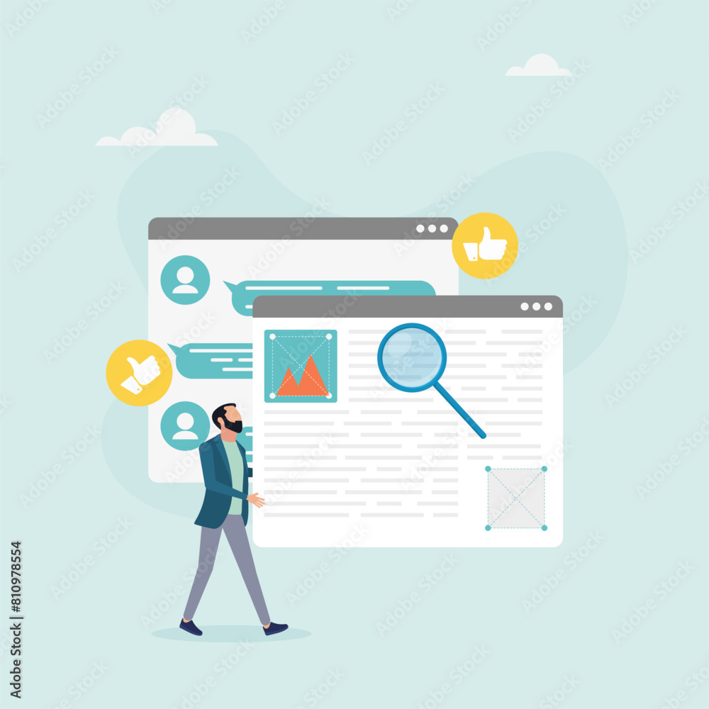 Content manager. A man creates a website layout, studies subscriber reviews, develops and designs the page layout. Vector illustration.
Content manager. A man creates a website layout, studies subscriber reviews, develops and designs the page layout. Vector illustration.