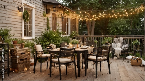 Aesthetic dining table and chairs on a patio or deck  surrounded by greenery and string lights. Close up