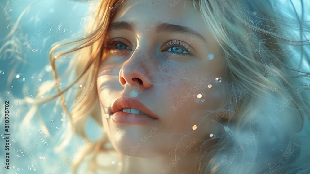 Close-up portrait of a beautiful woman with blonde hair and blue eyes, with a dreamy expression on her face. Close-up portrait of a beautiful woman with blonde hair and blue eyes, with a dreamy expression on her face.