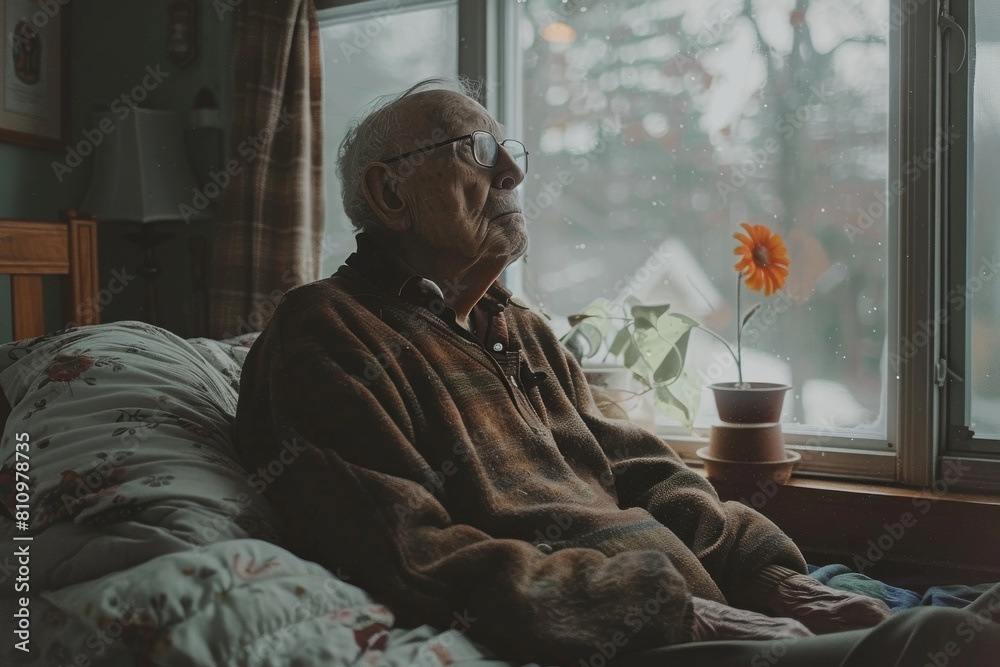 An elderly man is sitting in bed with a blanket An elderly man is sitting in bed with a blanket