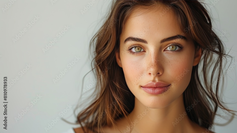 Close-up portrait of a beautiful young woman with long brown hair and green eyes Close-up portrait of a beautiful young woman with long brown hair and green eyes
