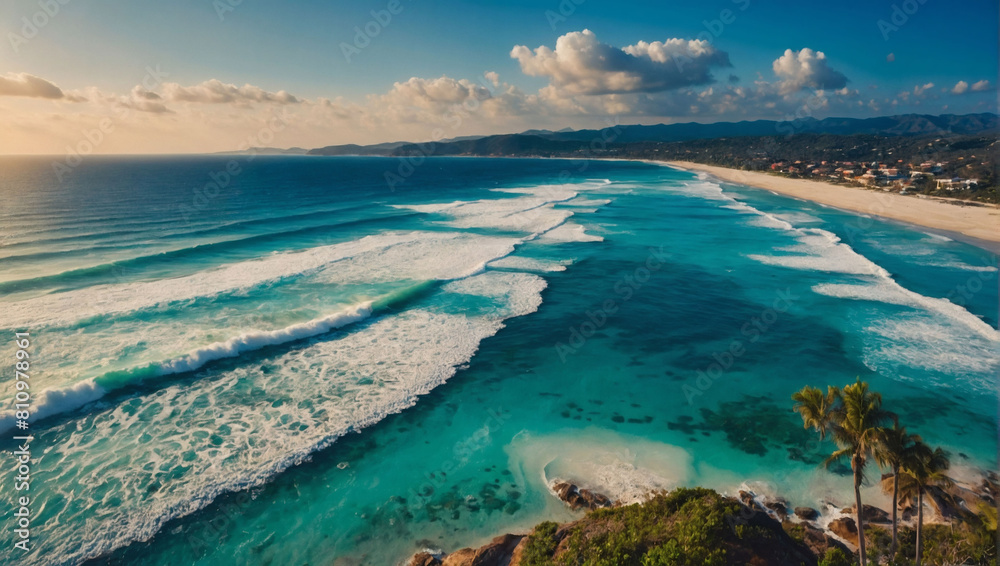Inviting coastal panorama, aerial vista of sun-kissed beaches and crystalline blue waves.