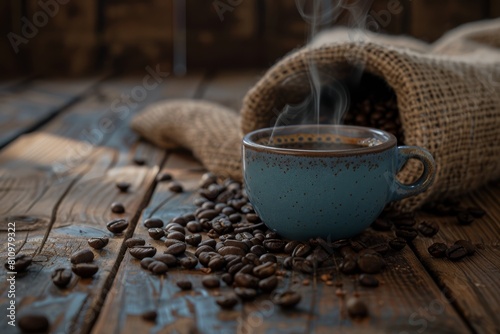 teaming Cup of Coffee on Wooden Table Coffee blurred background