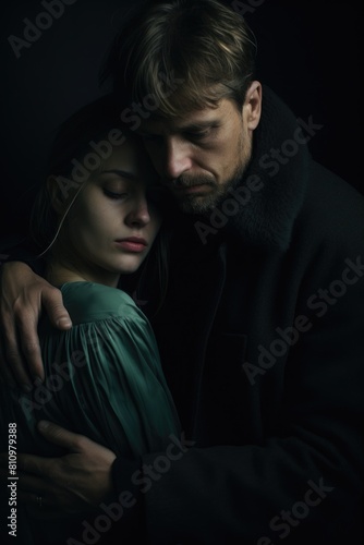 A Dark Room With A Man And A Woman Hugging Each Other Fictional Character Created By Generative AI. 