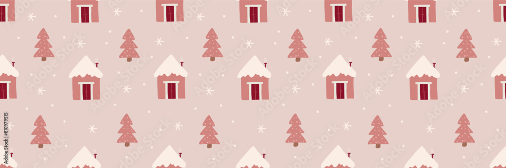 Obraz premium Cute festive Christmas seamless pattern with trees, pink houses, snow, and fir. Hand drawn kids nordic design. Winter vector illustration background. Seasonal winter holidays boho graphic design