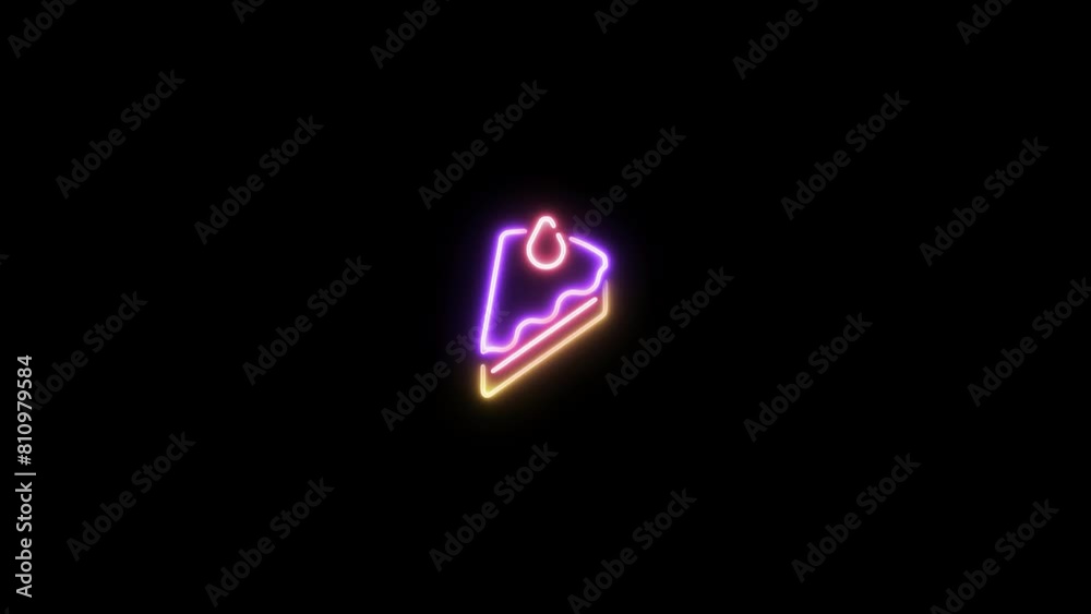 Neon sign in strawberry cake shape motion graphic with alpha channel. Colored piece of cake neon light turn on and turn off isolated icon animated on transparent background. Neon sign in strawberry cake shape motion graphic with alpha channel. Colored piece of cake neon light turn on and turn off isolated icon animated on transparent background.