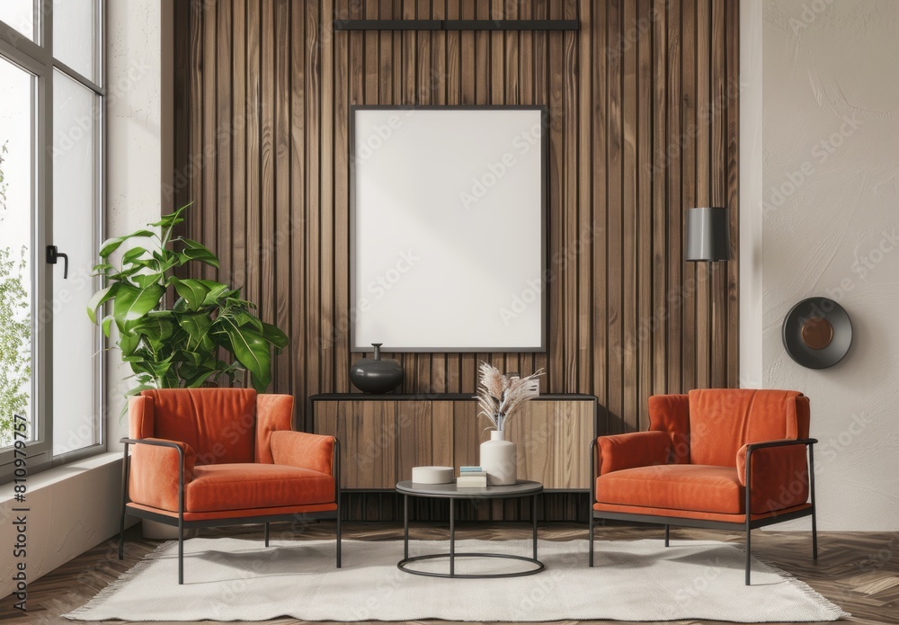 Beige wooden wall with two orange armchairs and a sideboard, a large window on the left, a mockup poster frame hanging above a cabinet Beige wooden wall with two orange armchairs and a sideboard, a large window on the left, a mockup poster frame hanging above a cabinet