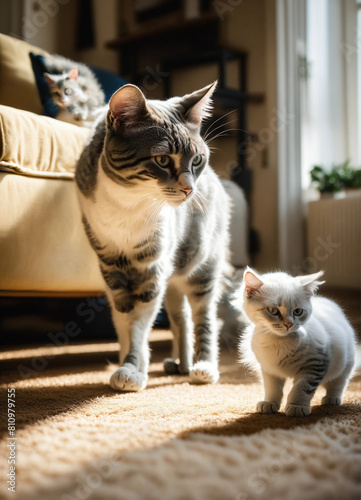 A realistic photo of a grey and white cat playing with a white cat in the livingroom