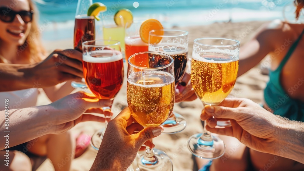 Group of people are toasting with drinks on a beach. Summer. Seasonal