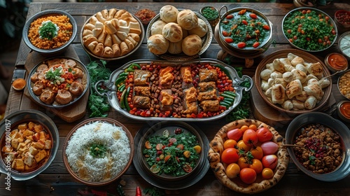 Ramadan kareem Iftar party table with assorted festive traditional Arab dishes, sweets, dates. Eid al-Fitr mubarak evening grand meal, top view. Islamic holidays food concept, Ramadan feast
