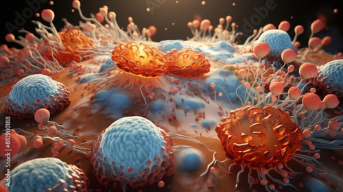 3D digital illustration of pancreatic islet cells, detailed and vibrant, showing insulin and glucagon production areas photo